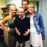 Derek Dwyer and his family:  (from the left:  Dr. Kelley Dwyer (Derek's sister), Derek Dwyer, Devin Dwyer (Derek's big brother), and Lynda Dwyer (Derek's Mom), at his fitting for his new Oticon Medical Ponto Plus system.